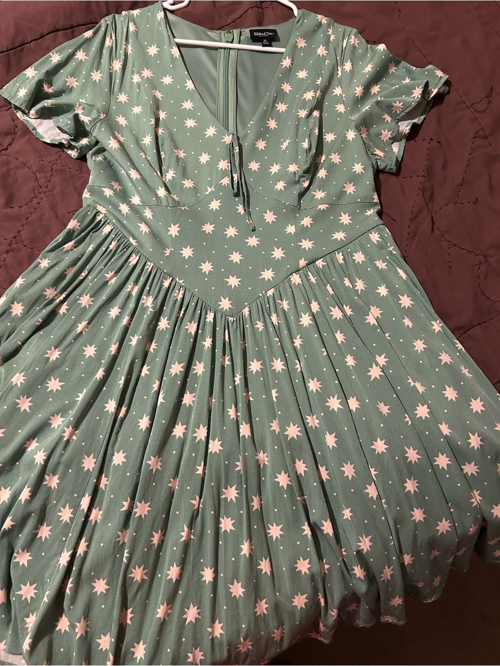 Star Print Fit & Flare Dress - Sage with off white stars Stars